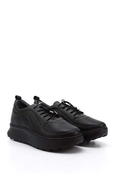 Kadın Siyah Lastik Bağcıklı Comfort Dolgu Taban Hakiki Deri Sneaker