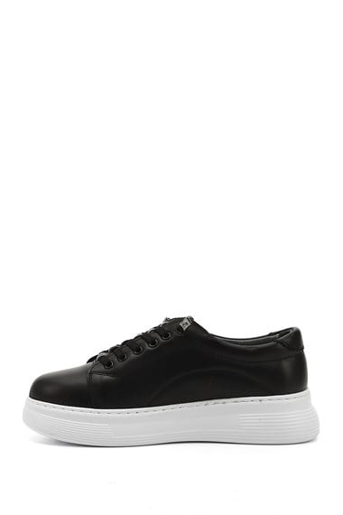 Kadın Siyah Lastik Bağcıklı Comfort Dolgu Taban Hakiki Deri Sneaker