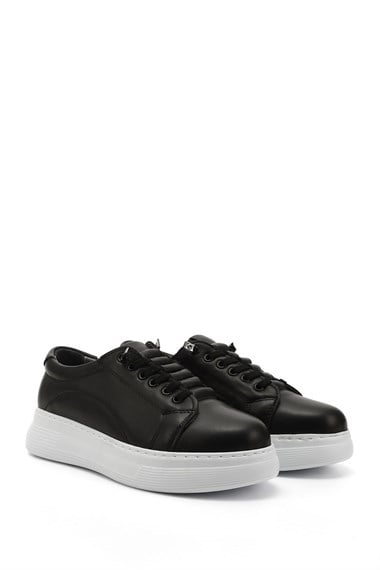 Kadın Siyah Lastik Bağcıklı Comfort Dolgu Taban Hakiki Deri Sneaker