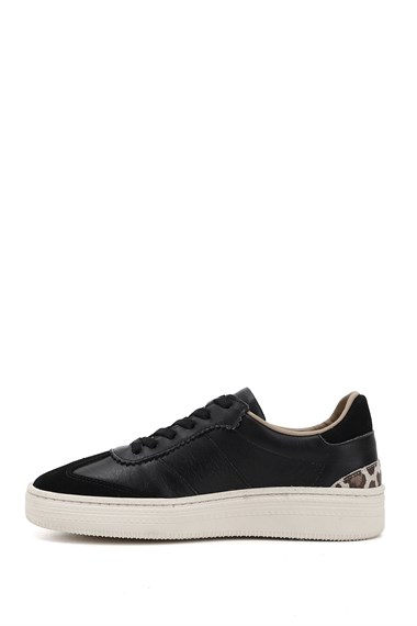 Kadın Siyah Lastik Bağcıklı Dolgu Taban Hakiki Deri Sneaker