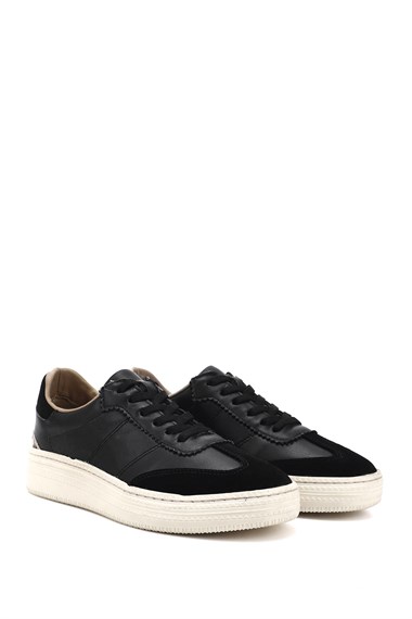 Kadın Siyah Lastik Bağcıklı Dolgu Taban Hakiki Deri Sneaker