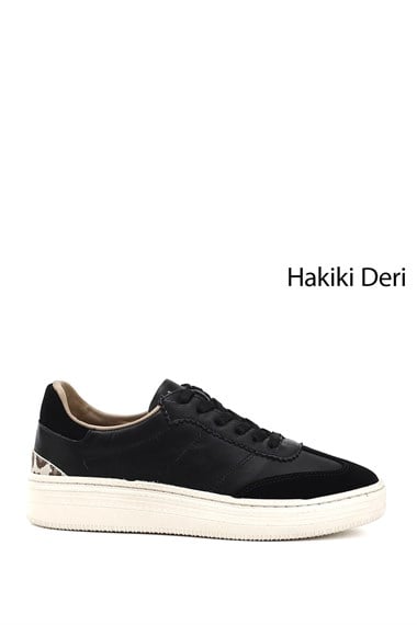 Kadın Siyah Lastik Bağcıklı Dolgu Taban Hakiki Deri Sneaker