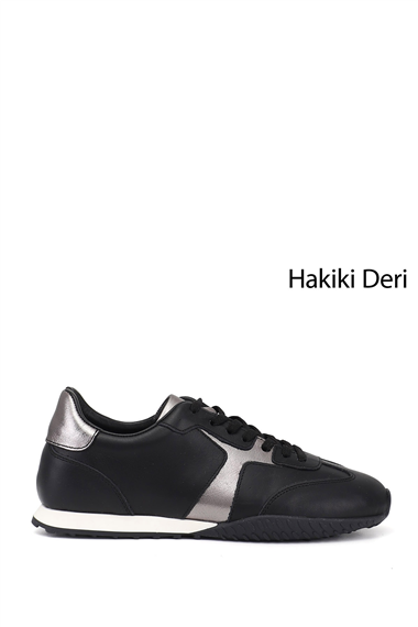 Kadın Siyah Lastik Bağcıklı Hakiki Deri Sneaker