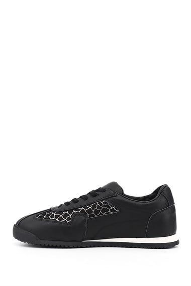 Kadın Siyah Lastik Bağcıklı Hakiki Deri Sneaker