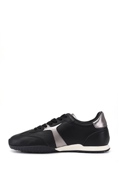 Womens Black Elastic Lace-up Genuine Leather Sneaker
