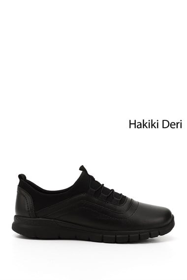 Kadın Siyah Lastik Bağcıklı Hakiki Deri Comfort Sneaker