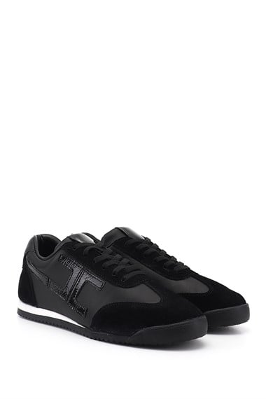 Kadın Siyah Lastik Bağcıklı Hakiki Deri Sneaker