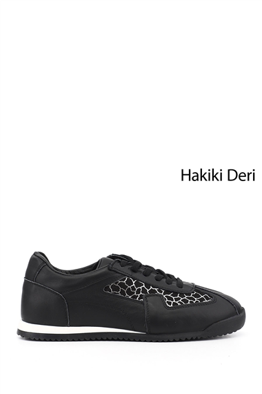 Kadın Siyah Lastik Bağcıklı Hakiki Deri Sneaker