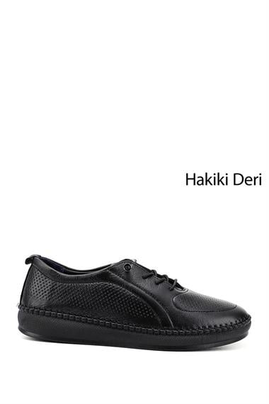 Kadın Siyah Lastik Bağcıklı Hakiki Deri Comfort Ayakkabı