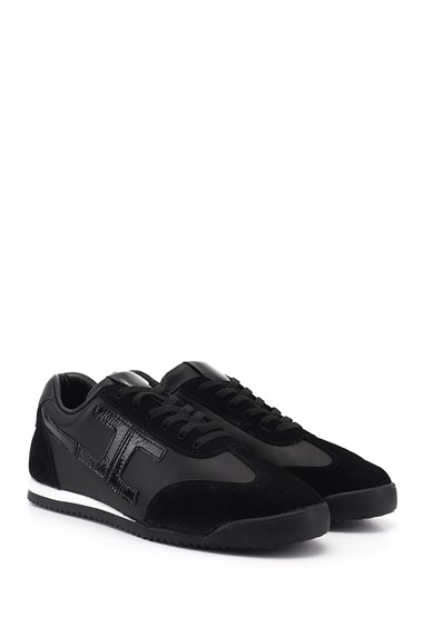 Womens Black Elastic Lace-up Genuine Leather Sneaker