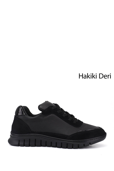 Kadın Siyah Lastik Bağcıklı Hakiki Deri Sneaker