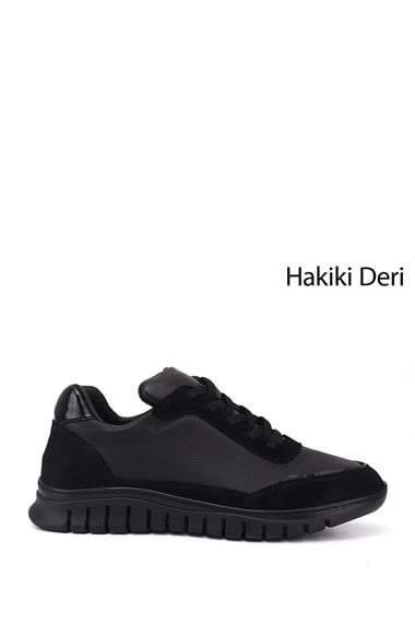 Kadın Siyah Lastik Bağcıklı Hakiki Deri Sneaker