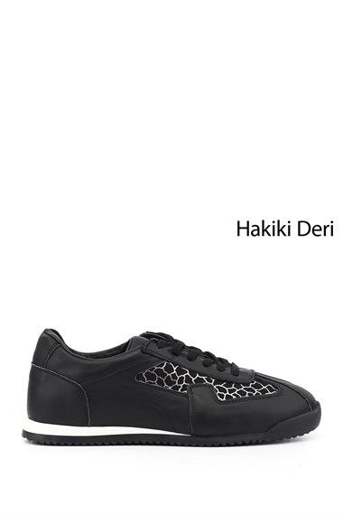 Kadın Siyah Lastik Bağcıklı Hakiki Deri Sneaker
