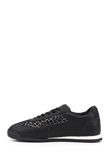 Kadın Siyah Lastik Bağcıklı Hakiki Deri Sneaker
