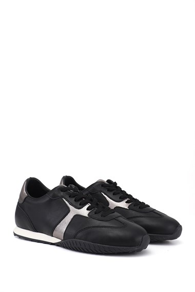 Womens Black Elastic Lace-up Genuine Leather Sneaker