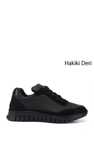 Womens Black Elastic Lace-up Genuine Leather Sneaker