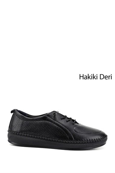 Kadın Siyah Lastik Bağcıklı Hakiki Deri Comfort Ayakkabı
