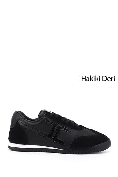 Womens Black Elastic Lace-up Genuine Leather Sneaker