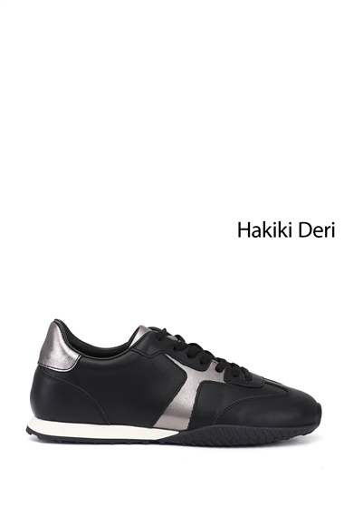 Kadın Siyah Lastik Bağcıklı Hakiki Deri Sneaker