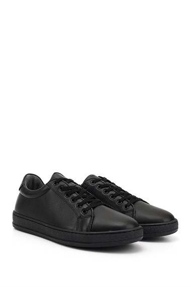 Kadın Siyah Lastik Bağcıklı Hakiki Deri Sneaker