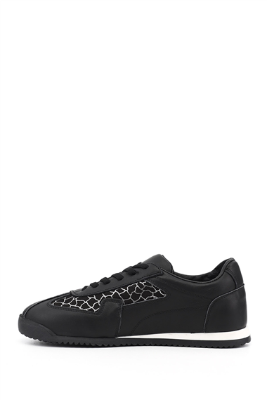 Kadın Siyah Lastik Bağcıklı Hakiki Deri Sneaker