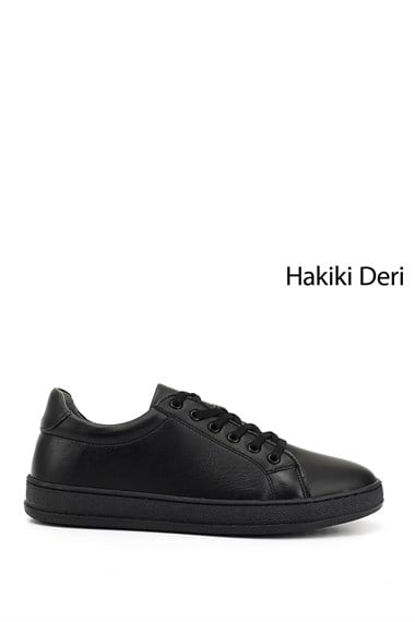 Kadın Siyah Lastik Bağcıklı Hakiki Deri Sneaker