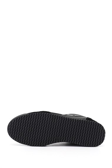 Womens Black Elastic Lace-up Genuine Leather Sneaker
