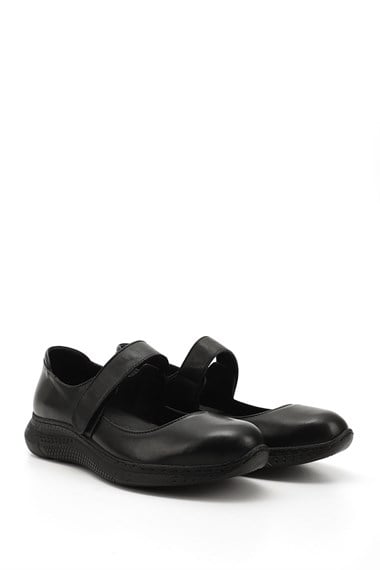 Womens Black Genuine Leather Ballerina Shoes with Ankle Straps