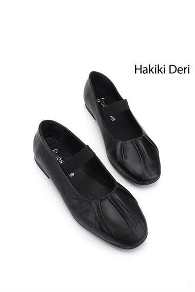 Kadın Siyah Mary Jane Hakiki Deri Babet
