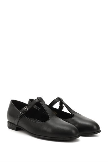 Womens Black Genuine Leather Ballerina