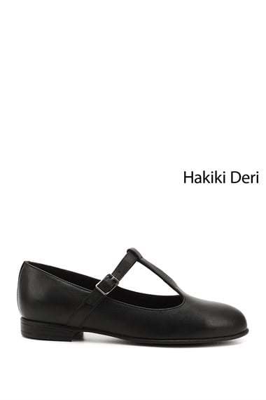 Womens Black Genuine Leather Ballerina