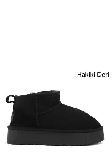 Kadın Siyah Nubuk Mini Platform Taban Hakiki Deri Kürklü Bot