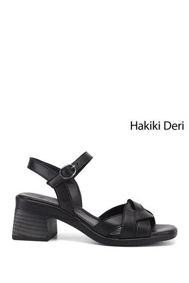Kadın Siyah Örgü Bantlı Kalın Topuklu Hakiki Deri Sandalet