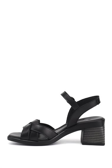 Kadın Siyah Örgü Bantlı Kalın Topuklu Hakiki Deri Sandalet