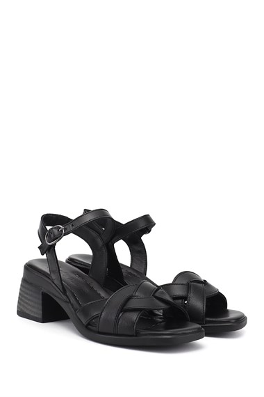 Kadın Siyah Örgü Bantlı Kalın Topuklu Hakiki Deri Sandalet