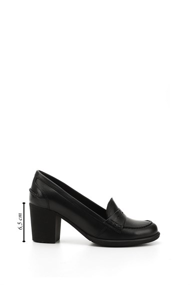 Kadın Siyah Orta Kalın Topuklu Hakiki Deri Ayakkabı