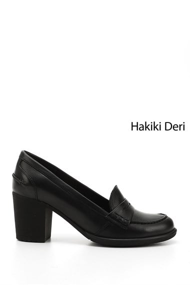 Kadın Siyah Orta Kalın Topuklu Hakiki Deri Ayakkabı