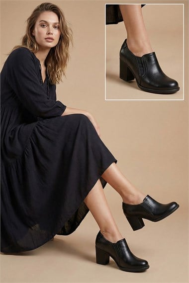 Womens Black Medium Thick Heel Genuine Leather Shoes