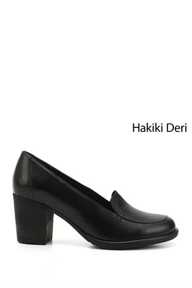 Kadın Siyah Orta Kalın Topuklu Hakiki Deri Ayakkabı