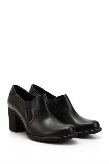 Womens Black Medium Thick Heel Genuine Leather Shoes