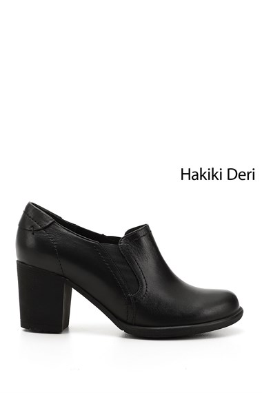 Kadın Siyah Orta Kalın Topuklu Hakiki Deri Ayakkabı