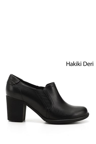 Womens Black Medium Thick Heel Genuine Leather Shoes