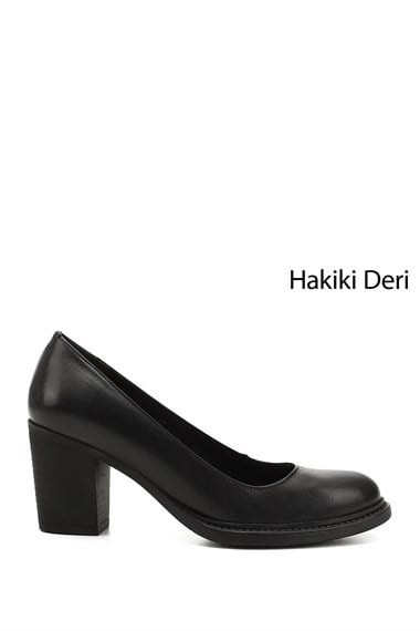 Kadın Siyah Orta Kalın Topuklu Hakiki Deri Ayakkabı