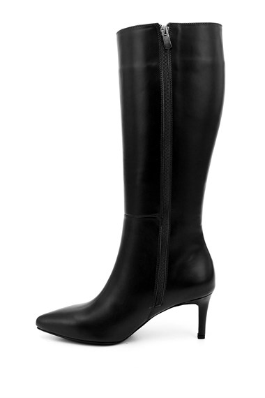 Womens Black Platinum Zip-Up High-Heel Genuine Leather Boots