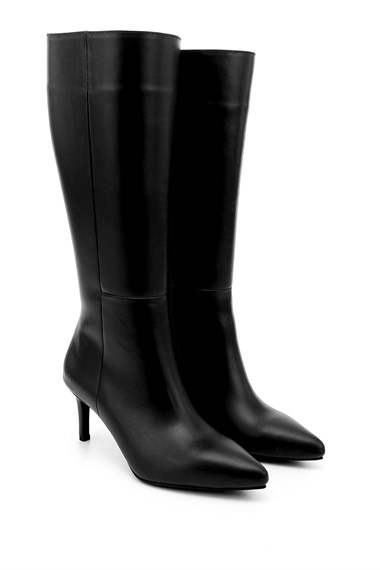 Womens Black Platinum Zip-Up High-Heel Genuine Leather Boots