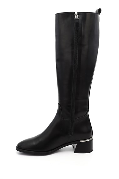 Womens Black Zip-Up Chunky Heel Genuine Leather Boots
