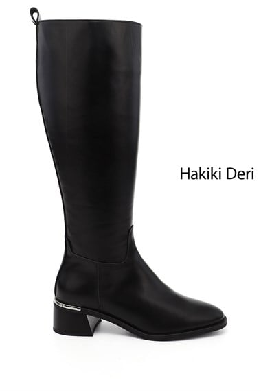Kadın Siyah Platinum Fermuarlı Kalın Topuklu Hakiki Deri Çizme