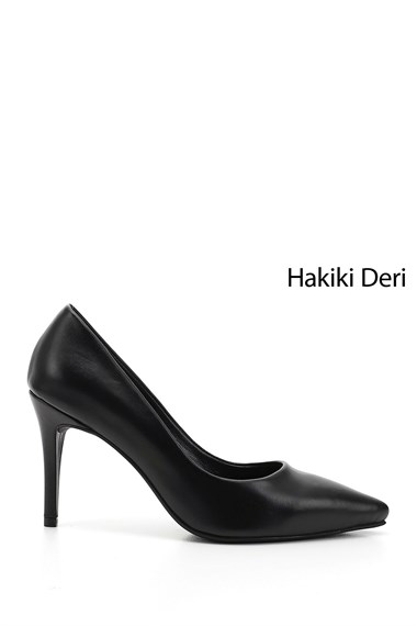 Kadın Siyah Platinum Sivri Burun İnce Topuklu Hakiki Deri Stiletto