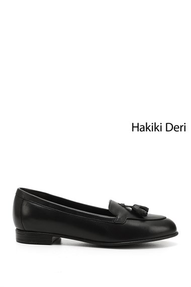 Womens Black Fringed Genuine Leather Flat Shoes