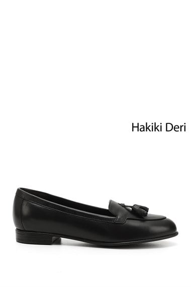 Womens Black Tassel Genuine Leather Ballerinas